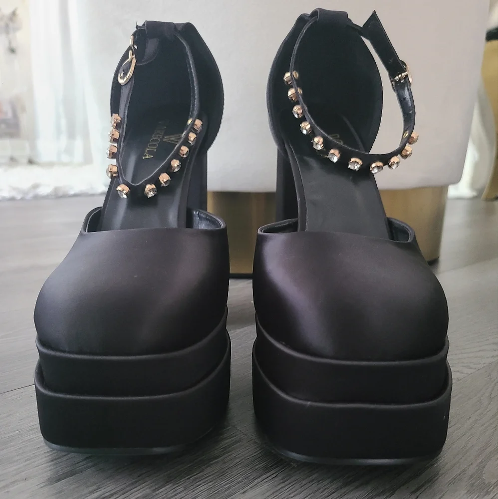 Black Satin Mary Jane Platform Heels with Rhinestone Ankle Straps